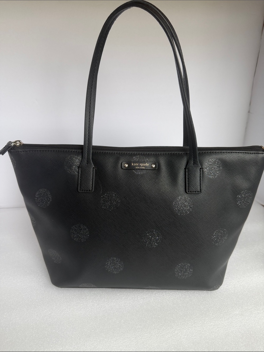 KATE SPADE Haven Lane Hani Glitter Polka Dot Tote Bag Zip Purse Black